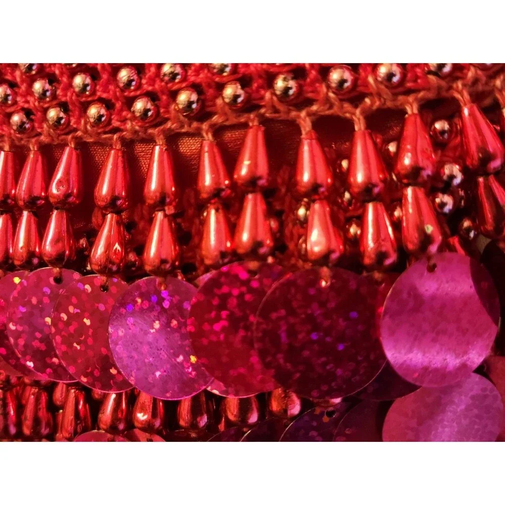 Belly Dance Paillette Hip Scarf Burgundy Magenta Beaded Fringe Preowned Costume
